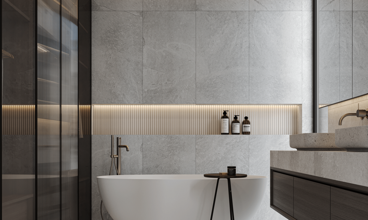Дизайн ванной комнаты с серой плиткой: элегантность и универсальность